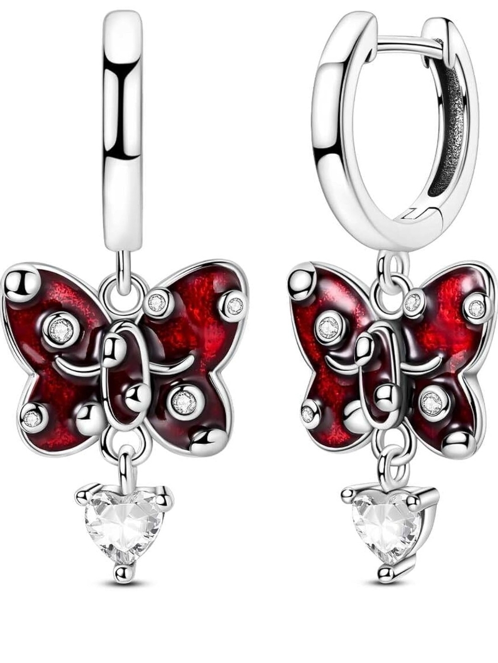 Sterling Silver Red Butterfly Dangle Earrings with Heart Charm
